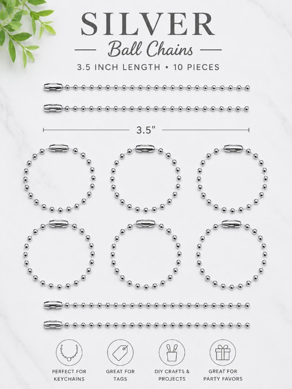 Lot of 10 3.5-inch SILVER Tone Metal Ball Bead Chains with Connectors